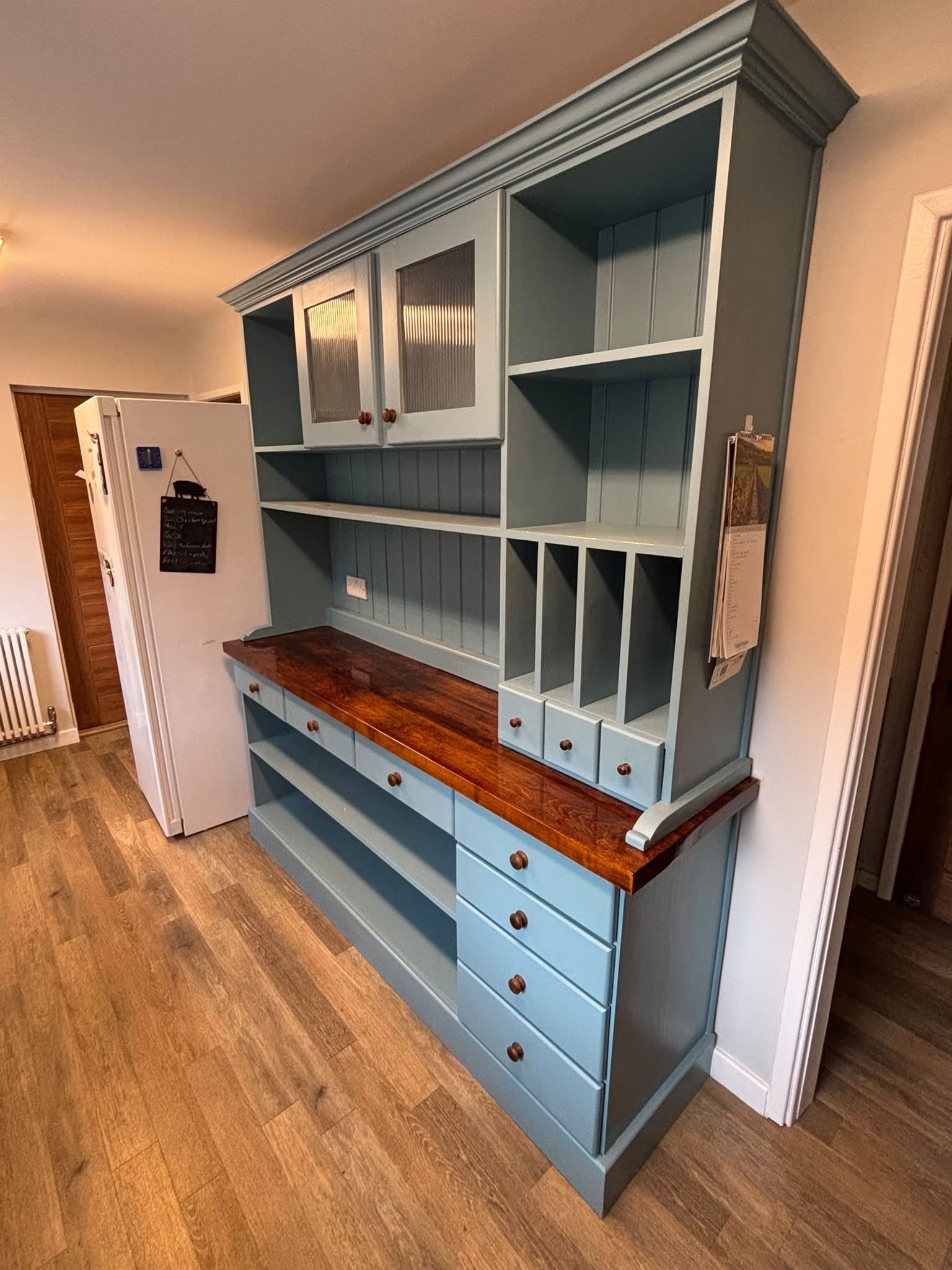 Bespoke hand-painted Welsh dresser in two-tone duck-egg blue with a solid oak top, glazed cabinets and spice drawers — Oak & Pine by Design, Yorkshire
