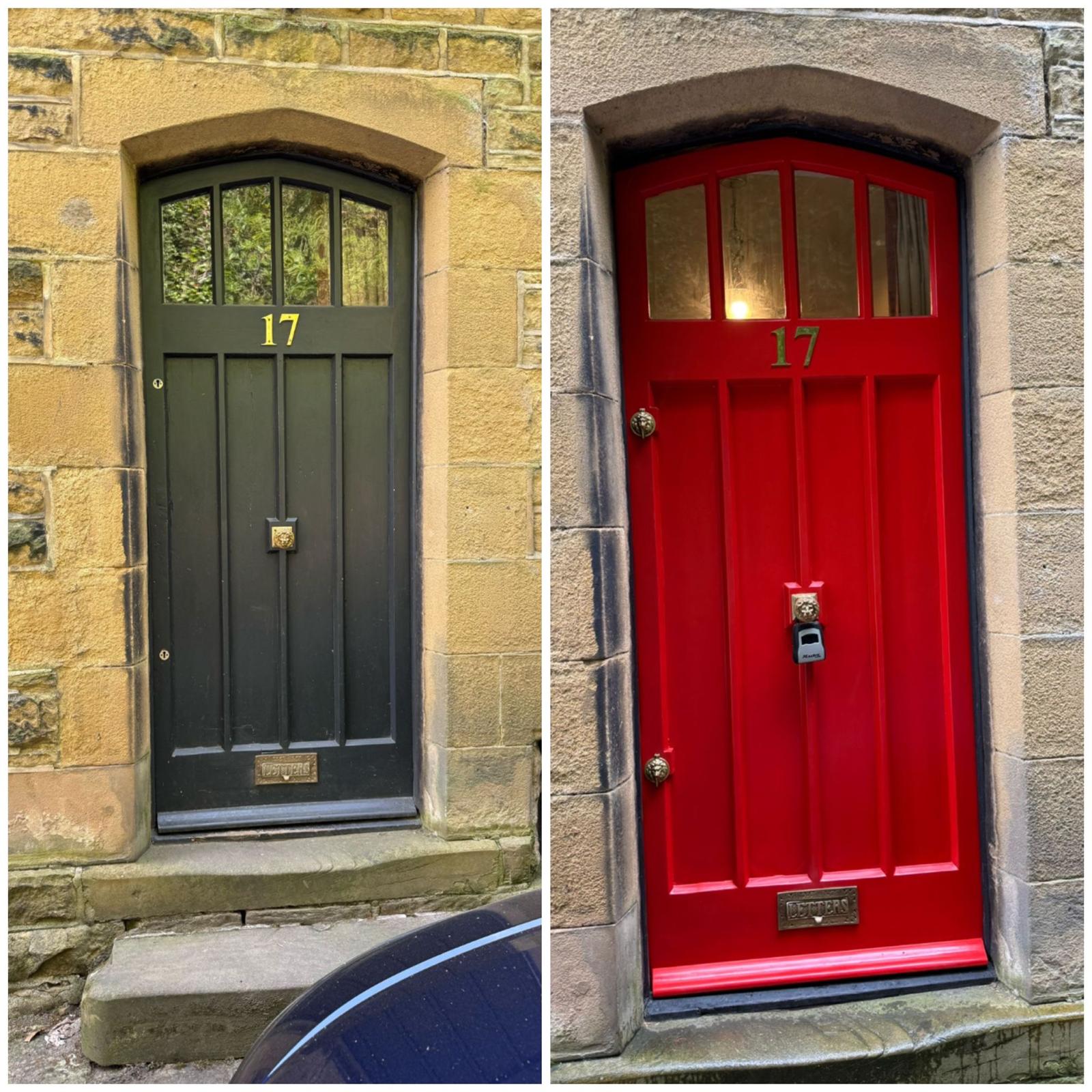 Before and after of a 1930s arched front door stripped of old green paint and repainted gloss red, Yorkshire