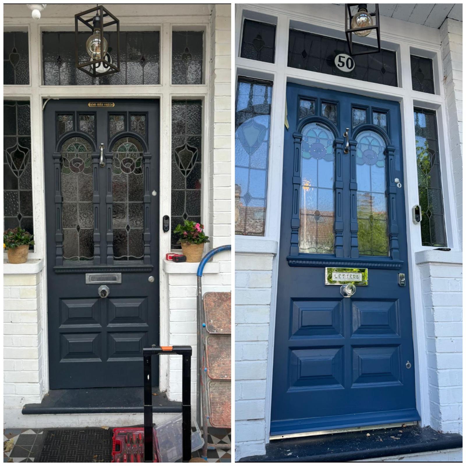 Before and after of an Edwardian stained-glass front door stripped and refinished in navy with brass letterplate, Yorkshire