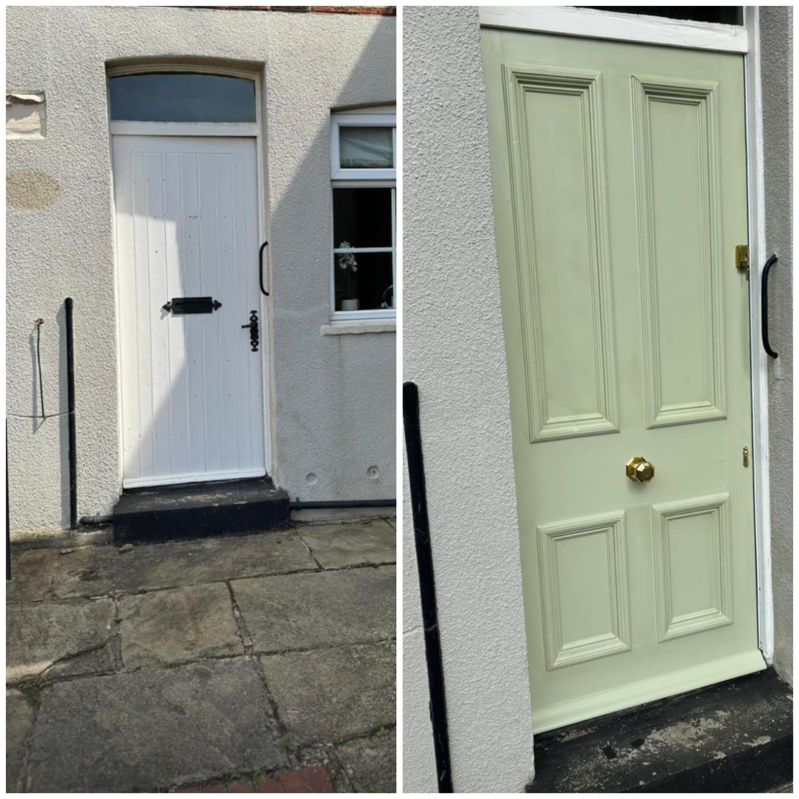 Before and after of a Victorian panelled front door paint stripped and repainted sage green by Oak & Pine by Design, Yorkshire