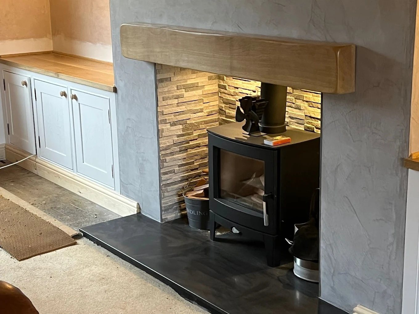 Bespoke Side Table Fitted Corner Alcove Units and Oak Lintel